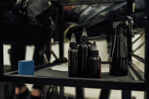 Close Up of Bottles with Ink Inside, Essentials of Creating Tattoo at the Studio Stock Photos