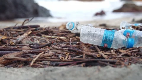 Close-up of bottles left by a man on a sandy beach. High quality 4k video. Video stock 243229773
