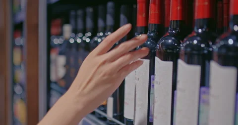 Close-up, bottles of wine are on the shelf of a supermarket shelf, department of Stock-Footage 207428311