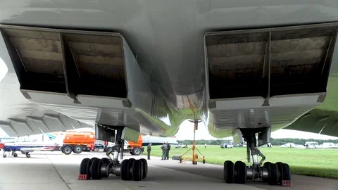 Close-up of bottom of fuselage of Tu-144 supersonic passenger aircraft. Stock Footage 118647544