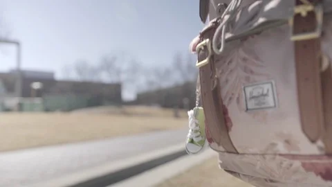 Close up of Bouncing Backpack as Person Walks Outdise Video stock 125536752