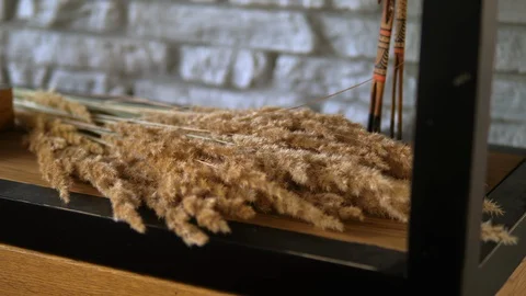 Close up bouquet of dry spikelets lying on a wooden table behind a black arch.  Stock Footage 128448075