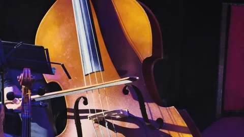 Close-up of a bow slowly sliding on cello strings. A symphony concert with cello Stock Footage 259864039