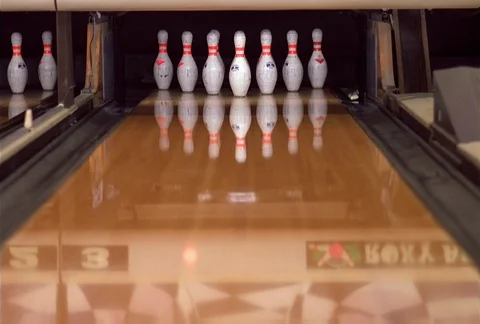 Close-up of a bowling ball making a strike Stock Footage 86918682