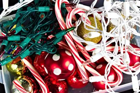 Close Up of Box of Christmas Decorations Stock Photos