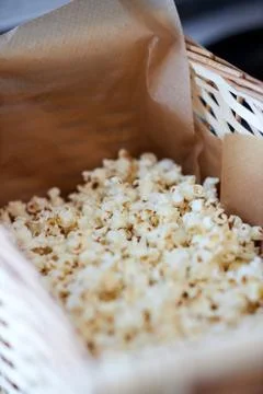 A close up of a box with popcorn Stock Photos