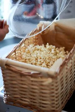 A close up of a box with popcorn Stock Photos