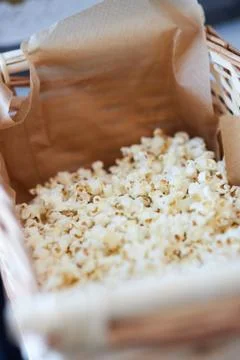 A close up of a box with popcorn Stock Photos