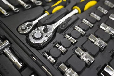 Close-up of  box with tools . Set of the professional tools. Closeup of chr.. Stock Photos