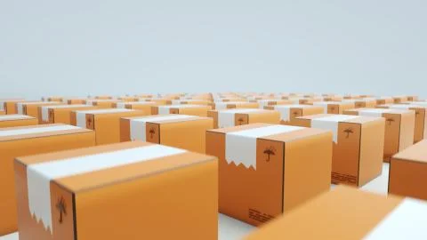 Close up of boxes stand in a large room waiting to be sent to the customer. Stock Illustration