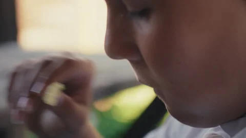 Close Up of Boy Crunching Potato Chips While Sitting Outdoor Picnic Stock Footage 337767425