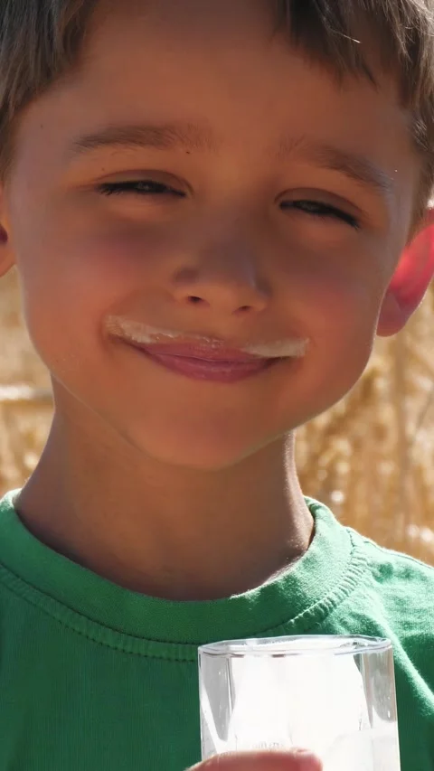 Close-up of boy drinking dairy drink from glass in golden wheat field. Warm Stock Footage 348277590