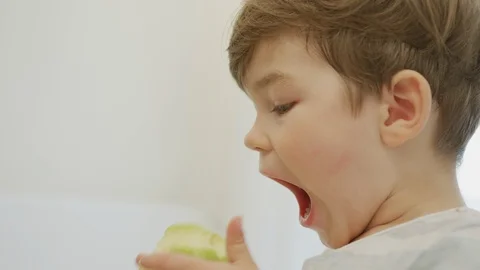 Close up of a boy eating an apple Stock Footage 100000471