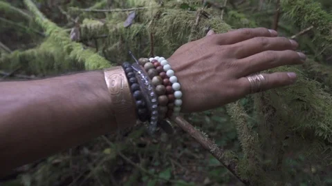 Close Up Bracelets and Hand on Mossy Branch in Forest Slow Motion Stock Footage 98858202