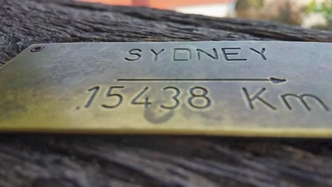 Close-up of a brass plate indicating the distance to Sydney from the Clock Vidéo 319479466