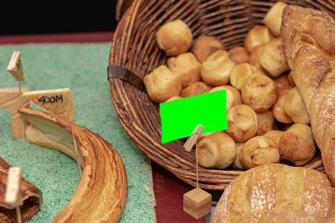 Close up of Bread  during Culinary festival with green screen label Stock Photos