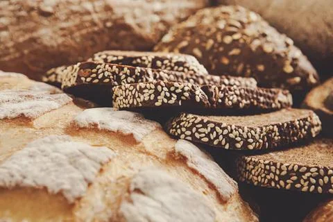 Close-up of bread with sesame seeds on crust Stock Photos
