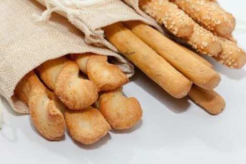 Close up of bread stick on sack Stock Photos