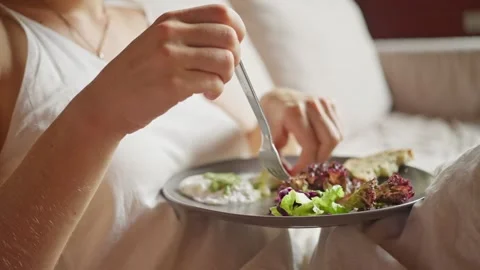 Close up breakfast brunch eggs vegetable salad restaurant cafe bread healthy Stock Footage 250165304
