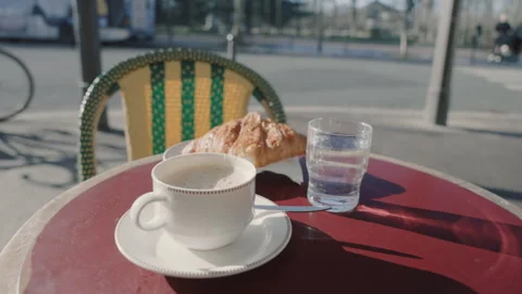 Close-up of Breakfast Set on a Red Bistro Table in the City 스톡 동영상 328342391