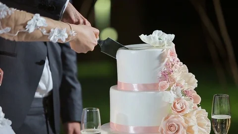 Close up of a bride and groom cutting their wedding cake. Stock Footage