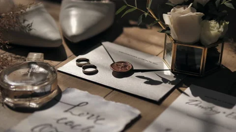 Close-up of the bride's wedding attributes. White wedding shoes, boutonniere Stock Footage 201368955