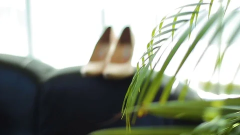 Close up of a brides wedding shoes displayed on a bed Stock Footage 82808155