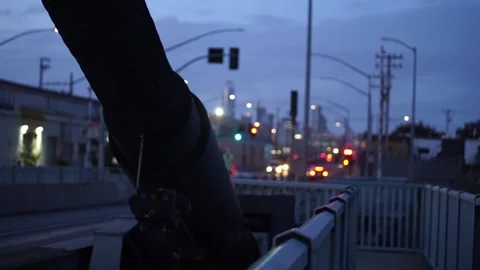 Close up of Bridge railing with traffic junction and San Francisco in background Stockbeeldmateriaal 236812349