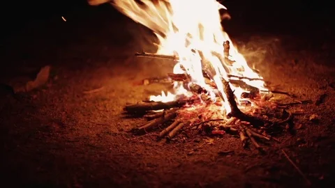 Close-up of bright bonfire flame in nature at night. Camping. Stock Footage 85129796