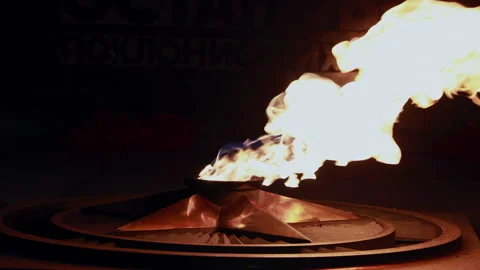 Close up of bright eternal flame burning on bronze star memorial Video stock 331319330