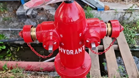 Close up of a bright red two-way fire hydrant pillar for municipal water supply Stock Footage 347162511