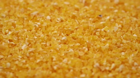 Close up of bright yellow small corn grits texture circle rotation. Eco concept Stock Footage 284618341