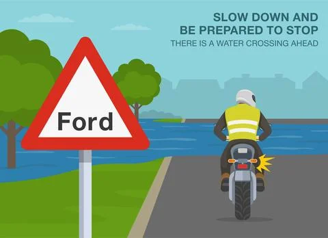 Close-up of a british "ford" sign. Back view of a moto rider on a flooded road. Stock Illustration