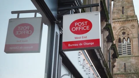 Close-Up of British Post Office Sign on Glasgow's Great Western Road, UK Stock Footage 261330361