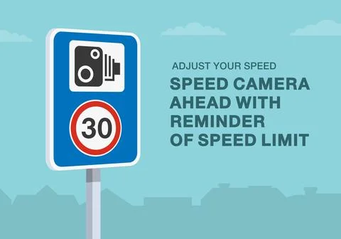 Close-up of a british "speed camera ahead with reminder of speed limit" sign. Stock Illustration