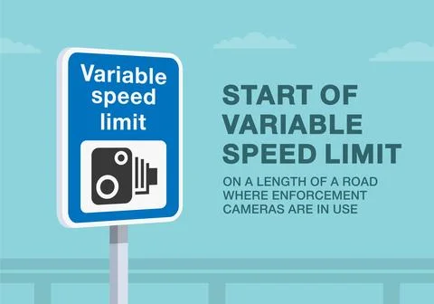 Close-up of a british "variable speed limit" road sign. Enforcement cameras. Stock Illustration