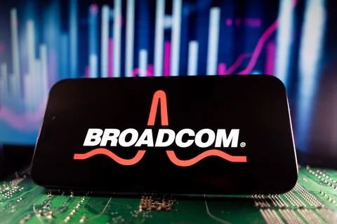 Close up of Broadcom logo on smartphone screen with technology and financial Stock Photos