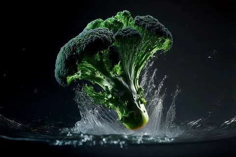 Close-up of broccoli falling in clear water, ai generated Stock Illustration