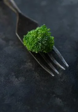 Close up broccoli with fork on black stone background Stock Photos