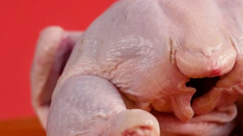 Close-up of a broiler chicken carcass rotates. Cooking dietary chicken meat. Raw Stock-Footage 150687121