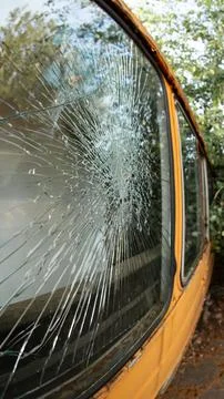 Close-up of a broken car windshield with numerous cracks and cobwebs. Stock Photos