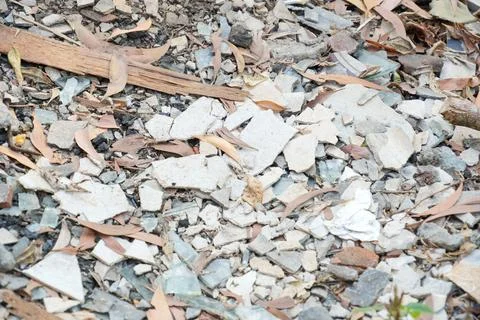 Close-up of broken glass, ceramic shards, and rubble mixed with dry leaves. Stockfoto's