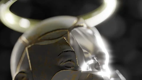 Close up of A broken human face with a golden ring above the head in a 3D a.. Stock Footage 253597867