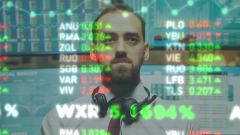 Close up of broker looking at augment reality display with numbers and trades Stock Footage 128040730