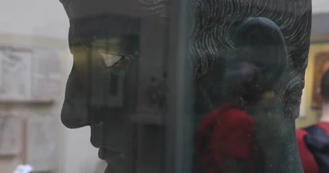 Close-up of bronze head of Emperor Augustus at the British Museum Stock Footage 321020081