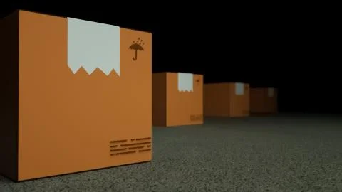 Close up of brown boxes stand in a dark room on the concrete floor Stock Illustration