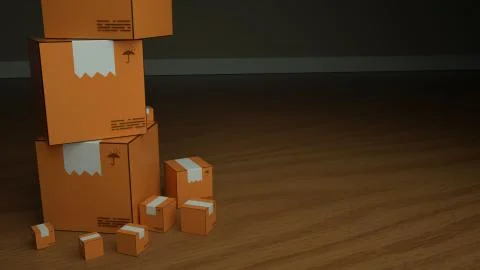 Close up of brown boxes stand in a dark room on a wooden floor Stock Illustration