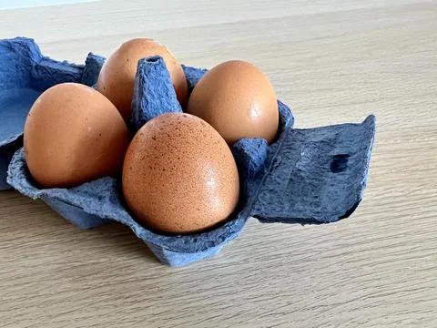 Close-up of brown eggs in a blue egg carton Stock Photos