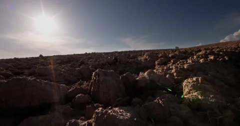 Close-up of brown plowed soil in the sun. Wet clods of soil. A wide-angle shot Vídeo Stock 226769491