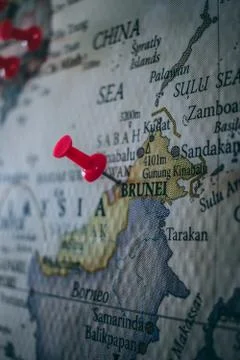 Close up of Brunei pinpointed on the world map Stock Photos